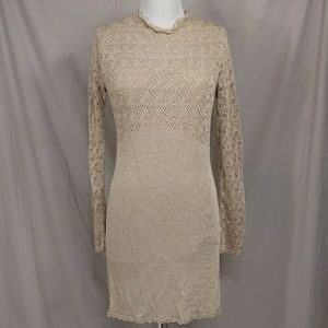 Free People Crochet Knit Dress Modest & Sexy Neutral Cotton Long Sleeve Midi  Lg